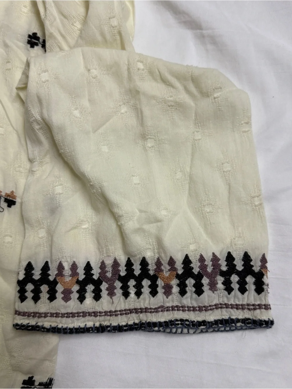 Free People Cream Hooded Embroidered Peasant Tunic with Black Trim